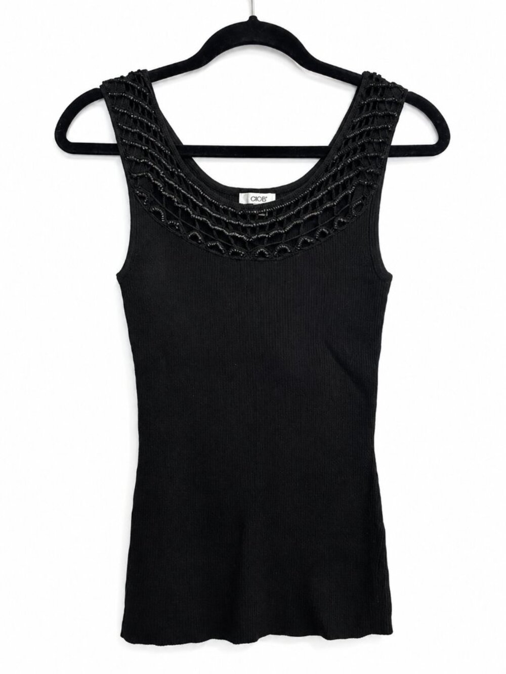 Caché Black Ribbed Beaded Crochet Neck Tank Top Size M